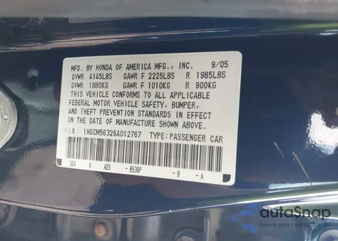 2006 Honda Accord 2.4 Se из США, поврежденный, VIN 1HGCM56326A012767